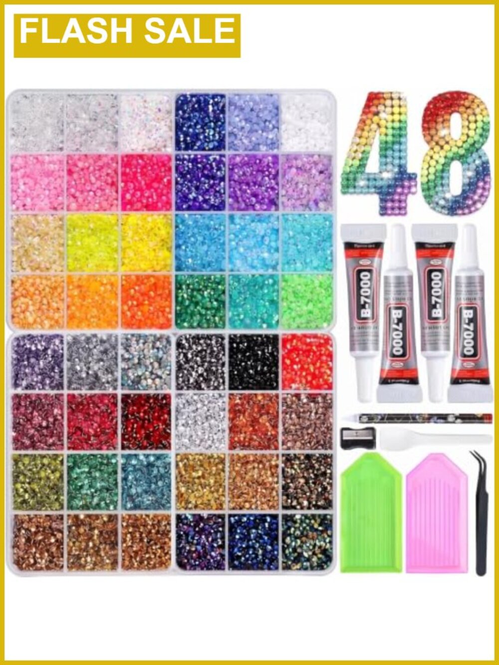Rhinestone Kit 48000 Pieces 48 Colors 3mm Flatback Resin Gems with Glue and